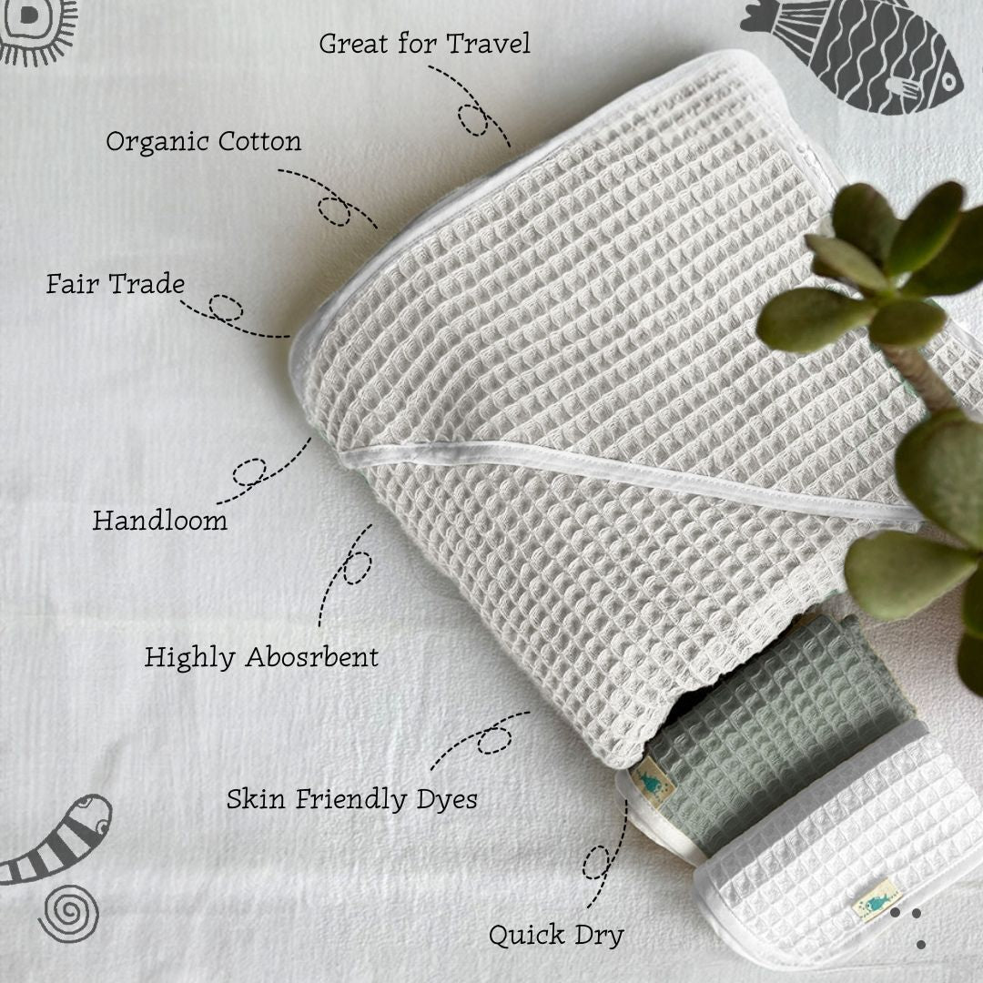 Kids Organic Cotton Waffle Hooded Towel Set – Kids Travel Accessories on Brown Living™. SKU: HOD-TWL-MNT. Img 8.