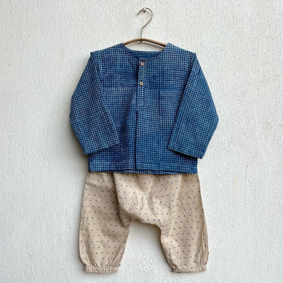 Kids Unisex Organic Cotton Check and Raidana with Raidana Pants - Indigo – Kids Ethnic Sets on Brown Living™. SKU: ING - CHKRAI - COMBOKURPJ - 69 - 0322. Img 3.