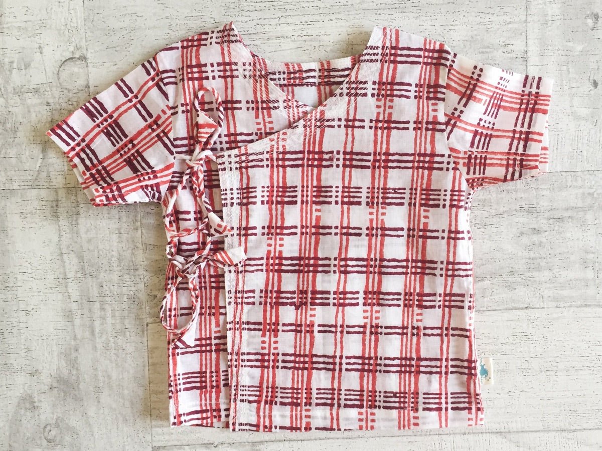 Kids Unisex Organic Cotton Checks Print Angarakha Top and Red Pants | Verified Sustainable by Brown Living™