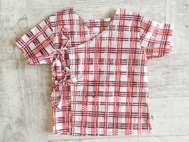 Kids Unisex Organic Cotton Checks Print Angarakha Top and Red Pants | Verified Sustainable Kids Daywear Sets on Brown Living™