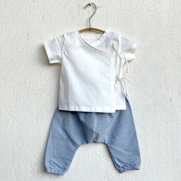 Kids Unisex Organic Cotton Essential White Angrakha Top and Blue Chambray Pants | Verified Sustainable Kids Daywear Sets on Brown Living™