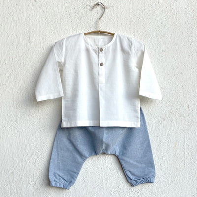 Kids Unisex Organic Cotton Essential White Kurta and Blue Chambray Pants – Kids Daywear Sets on Brown Living™. SKU: WWE - WHTCHM - KURPYJ - 69 - 0522. Img 1.