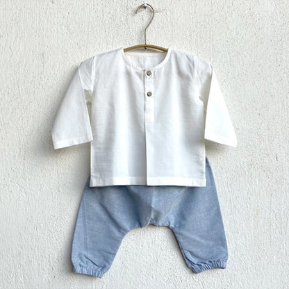 Kids Unisex Organic Cotton Essential White Kurta and Blue Chambray Pants | Verified Sustainable by Brown Living™