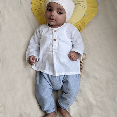 Kids Unisex Organic Cotton Essential White Kurta and Blue Chambray Pants – Kids Daywear Sets on Brown Living™. SKU: WWE - WHTCHM - KURPYJ - 69 - 0522. Img 2.
