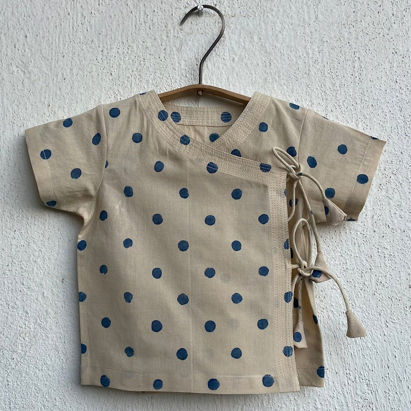 Kids Unisex Organic Cotton Indigo Beige Polka Angrakha and Polka Pants | Verified Sustainable Kids Daywear Sets on Brown Living™