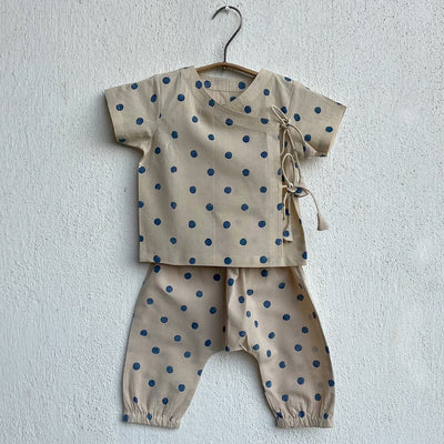 Kids Unisex Organic Cotton Indigo Beige Polka Angrakha and Polka Pants – Kids Daywear Sets on Brown Living™. SKU: ZOO - INDPOL - ANGPJ - 03 - 0422. Img 1.