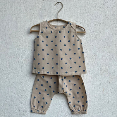 Kids Unisex Organic Cotton Indigo Beige Polka Jhabla with Polka Pants – Kids Daywear Sets on Brown Living™. SKU: ZOO - INDPOL - JHAPJ - 03 - 0422. Img 1.