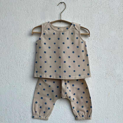 Kids Unisex Organic Cotton Indigo Beige Polka Jhabla with Polka Pants | Verified Sustainable by Brown Living™