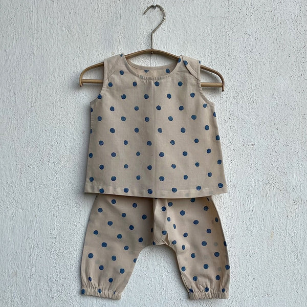 Kids Unisex Organic Cotton Indigo Beige Polka Jhabla with Polka Pants | Verified Sustainable Kids Daywear Sets on Brown Living™