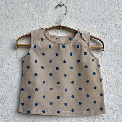 Kids Unisex Organic Cotton Indigo Beige Polka Jhabla with Polka Pants | Verified Sustainable by Brown Living™