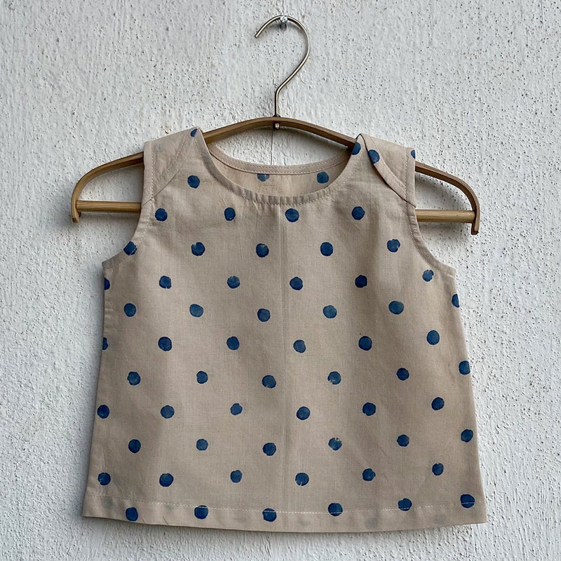 Kids Unisex Organic Cotton Indigo Beige Polka Jhabla with Polka Pants | Verified Sustainable Kids Daywear Sets on Brown Living™