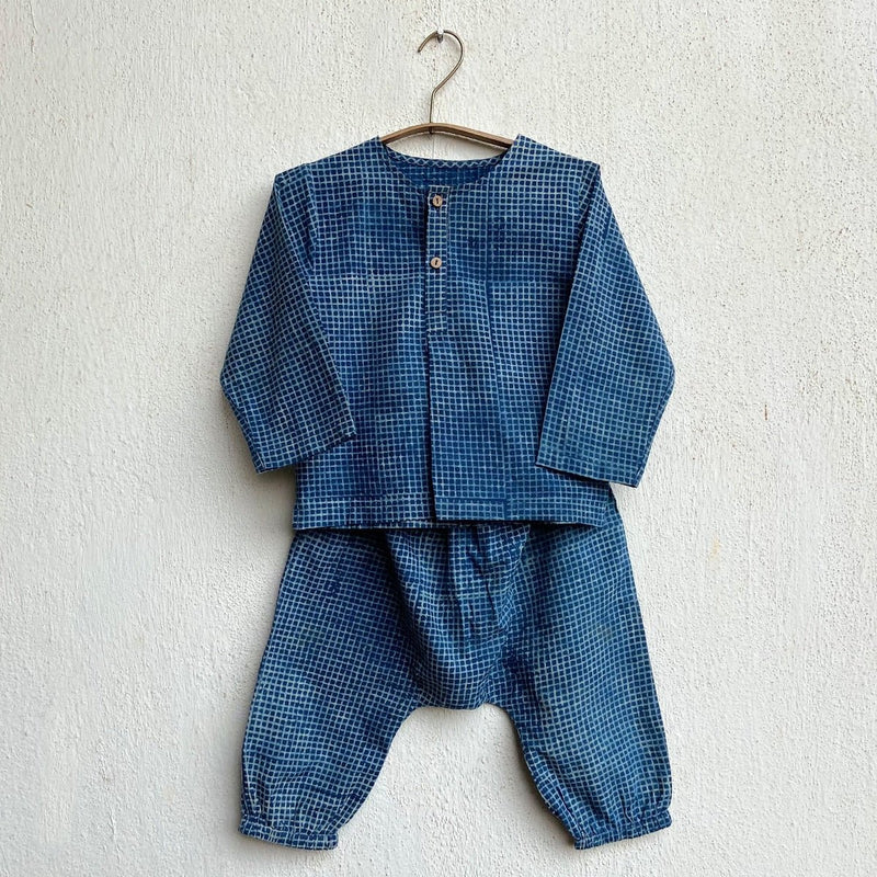 Kids Unisex Organic Cotton Indigo Check Kurta and Matching Pants | Verified Sustainable by Brown Living™