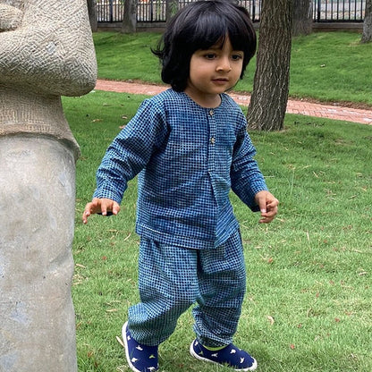 Kids Unisex Organic Cotton Indigo Check Kurta and Matching Pants | Verified Sustainable by Brown Living™