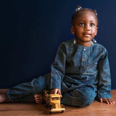 Kids Unisex Organic Cotton - Indigo Raidana with Check Kurta and Pants – Kids Ethnic Sets on Brown Living™. SKU: ING - RAICHK - COMBOKURPJ - 69 - 0322. Img 2.