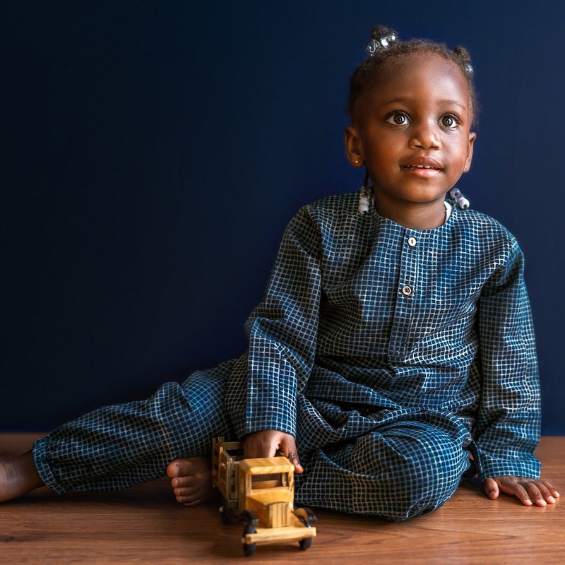 Kids Unisex Organic Cotton- Indigo Raidana with Check Kurta and Pants | Verified Sustainable Kids Daywear Sets on Brown Living™