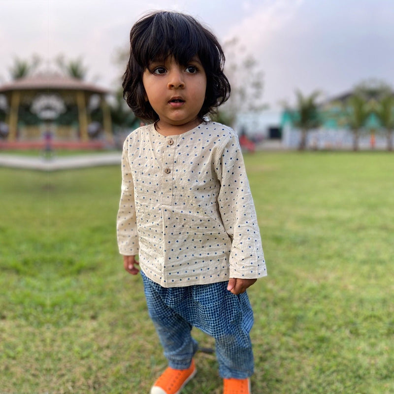 Kids Unisex Organic Cotton- Indigo Raidana with Check Kurta and Pants | Verified Sustainable Kids Daywear Sets on Brown Living™