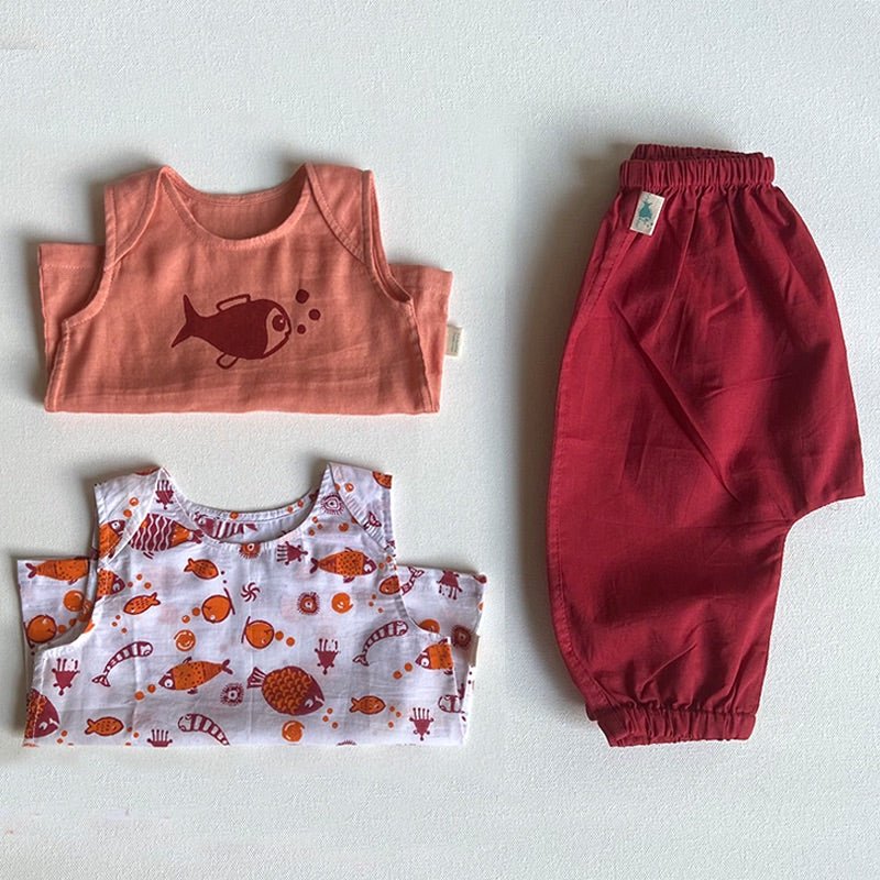 Kids Unisex Organic Cotton Koi Jhabla Bag - Koi and Jhabla with Pants - Red | Verified Sustainable by Brown Living™