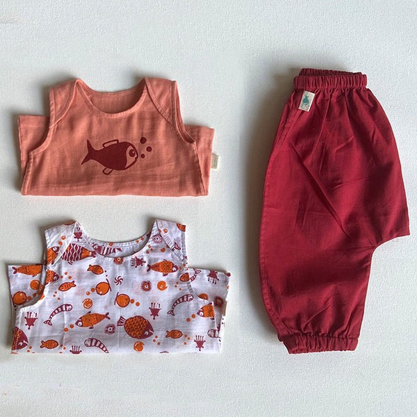 Kids Unisex Organic Cotton Koi Jhabla Bag- Koi and Jhabla with Pants- Red | Verified Sustainable Kids Daywear Sets on Brown Living™