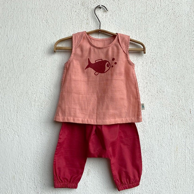 Kids Unisex Organic Cotton Koi Jhabla Bag - Koi and Jhabla with Pants - Red | Verified Sustainable by Brown Living™