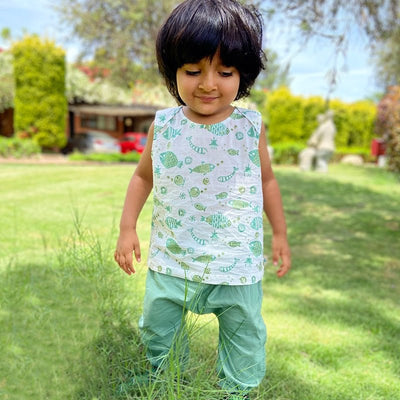 Kids Unisex Organic Cotton Koi Jhabla Bag - Patang and Mint Koi – Kids Daywear Sets on Brown Living™. SKU: KOIPAT - YWLMNT - COMBOJHB - NB - 0322. Img 4.