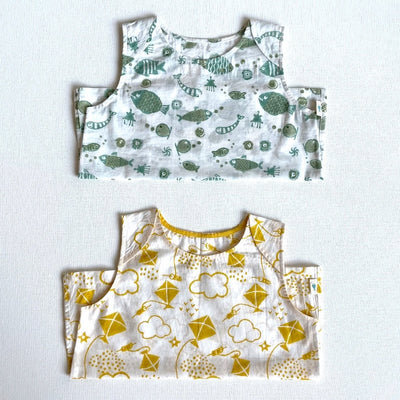 Kids Unisex Organic Cotton Koi Jhabla Bag - Patang and Mint Koi – Kids Daywear Sets on Brown Living™. SKU: KOIPAT - YWLMNT - COMBOJHB - NB - 0322. Img 1.
