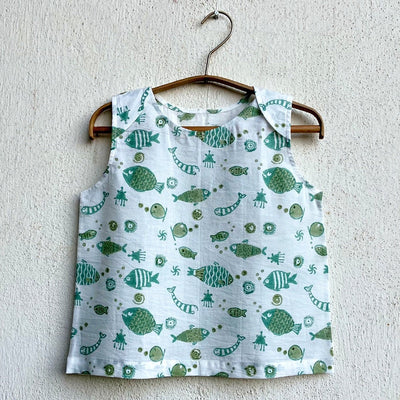 Kids Unisex Organic Cotton Koi Jhabla Bag - Patang and Mint Koi – Kids Daywear Sets on Brown Living™. SKU: KOIPAT - YWLMNT - COMBOJHB - NB - 0322. Img 2.