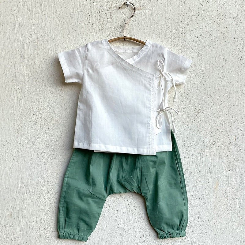 Kids Unisex Organic Cotton Koi Mint and White Angarakha with Pants | Verified Sustainable by Brown Living™