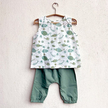 Kids Unisex Organic Cotton Koi Mint Jhabla with Mint Pants | Verified Sustainable by Brown Living™