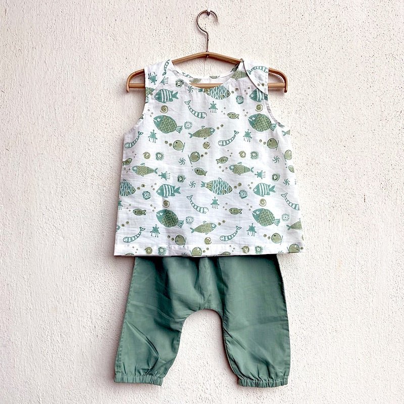 Kids Unisex Organic Cotton Koi Mint Jhabla with Mint Pants | Verified Sustainable Kids Daywear Sets on Brown Living™