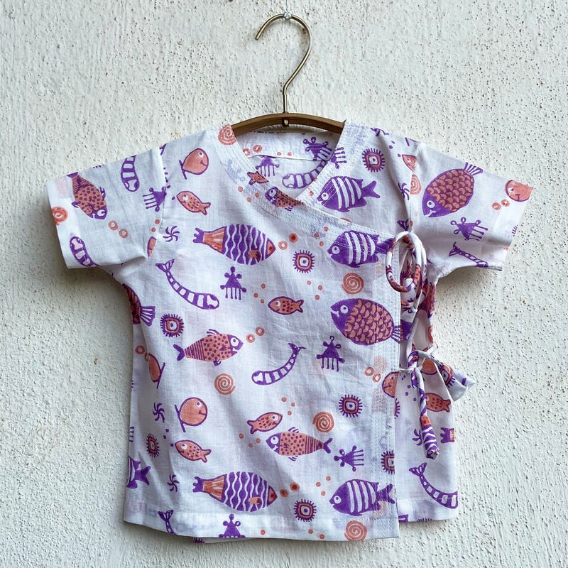 Kids Unisex Organic Cotton Koi Peach Print Angrakha Top and Pants | Verified Sustainable Kids Daywear Sets on Brown Living™