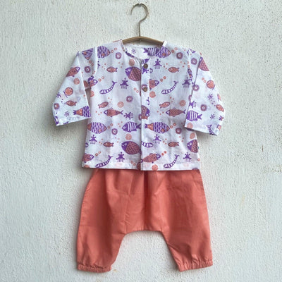 Kids Unisex Organic Cotton Koi Peach Print Kurta and Pants – Kids Daywear Sets on Brown Living™. SKU: KOI - PCH - KURPJ - 69 - 0422. Img 2.