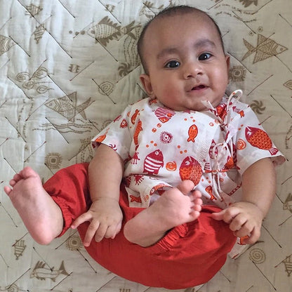 Kids Unisex Organic Cotton Koi Red Angarakha and Matching Pants | Verified Sustainable by Brown Living™