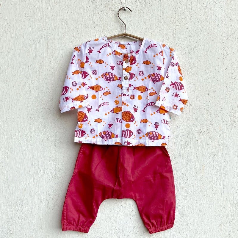 Kids Unisex Organic Cotton Koi Red Kurta and Matching Pants | Verified Sustainable by Brown Living™