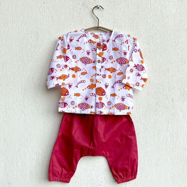 Kids Unisex Organic Cotton Koi Red Kurta and Matching Pants | Verified Sustainable Kids Daywear Sets on Brown Living™