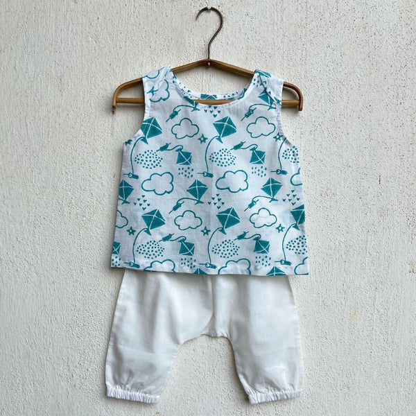 Kids Unisex Organic Cotton Patang Print Teal Jhabla Top and White Pants | Verified Sustainable Kids Daywear Sets on Brown Living™