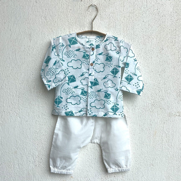 Kids Unisex Organic Cotton Patang Print Teal Kurta Top and White Pants | Verified Sustainable Kids Daywear Sets on Brown Living™