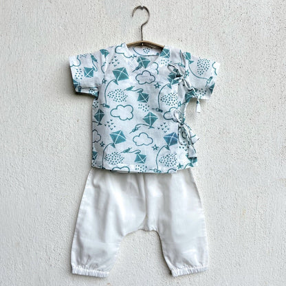 Kids Unisex Organic Cotton Patang Teal Angarakha Top and White Pants | Verified Sustainable by Brown Living™