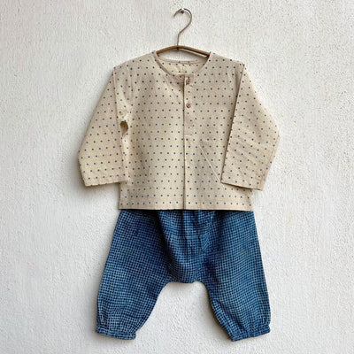 Kids Unisex Organic Cotton Raidana Kurta and Check Pants - Indigo – Kids Ethnic Sets on Brown Living™. SKU: IND - RAICHK - KURPJ - 69 - 0322. Img 1.