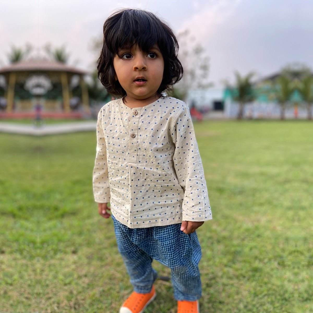 Kids Unisex Organic Cotton Raidana Kurta and Check Pants - Indigo | Verified Sustainable by Brown Living™