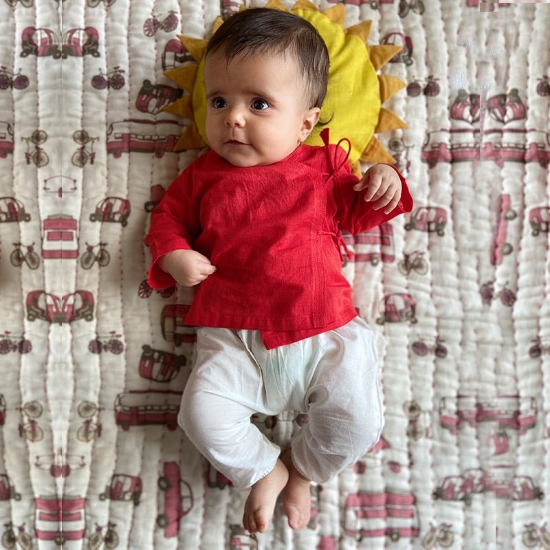 Kids Unisex Organic Cotton Red Angrakha and White Pants | Verified Sustainable by Brown Living™