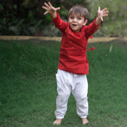 Kids Unisex Organic Cotton Red Angrakha and White Pants | Verified Sustainable by Brown Living™