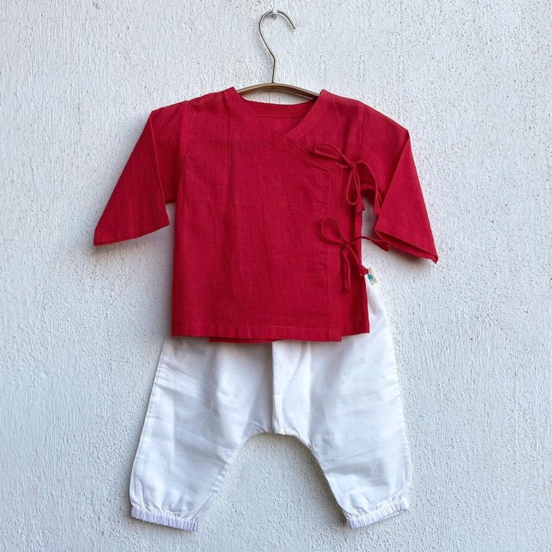 Kids Unisex Organic Cotton Red Angrakha and White Pants | Verified Sustainable by Brown Living™