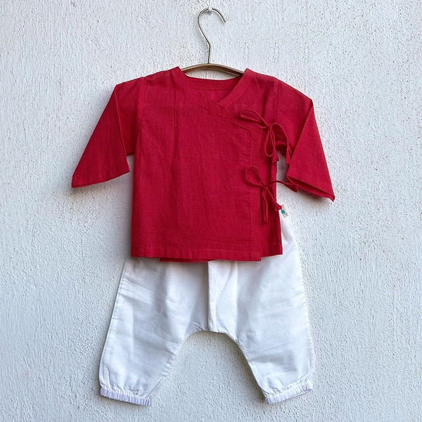Kids Unisex Organic Cotton Red Angrakha and White Pants | Verified Sustainable Kids Daywear Sets on Brown Living™