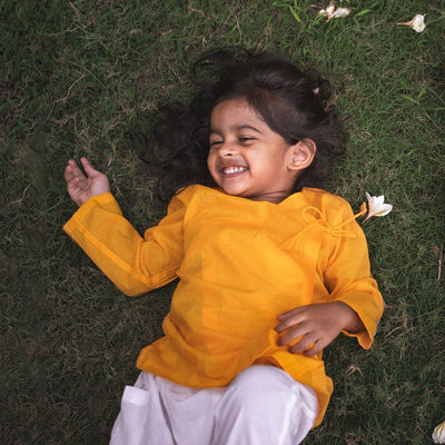 Kids Unisex Organic Cotton Yellow Angrakha and White Pants – Kids Ethnic Sets on Brown Living™. SKU: WWE - YLOWHT - ANGPJ - 03 - 0322. Img 4.