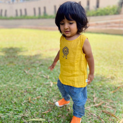 Kids Unisex Organic Cotton Zoo Bag - Yellow Jhabla, Angarakha and Pants – Kids Daywear Sets on Brown Living™. SKU: ZOO - YLCKS - COMBOANGJHBPJ - 03 - 0322. Img 3.