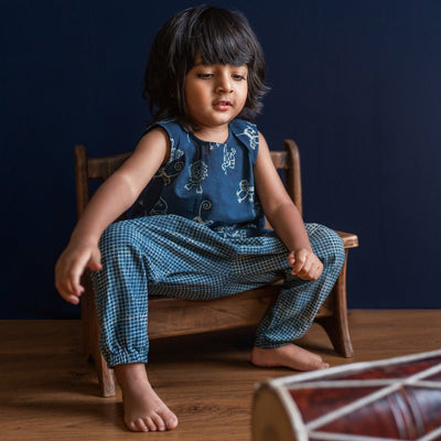 Kids Unisex Organic Cotton Zoo Jhabla with Indigo Check Pants – Kids Daywear Sets on Brown Living™. SKU: ZOO - INDCHK - JHAPJ - 03 - 0322. Img 2.