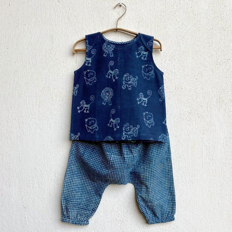 Kids Unisex Organic Cotton Zoo Jhabla with Indigo Check Pants | Verified Sustainable Kids Daywear Sets on Brown Living™