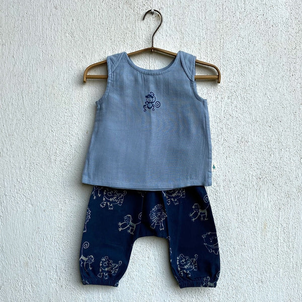 Kids Unisex Organic Cotton Zoo Monkey Jhabla with Zoo Pants | Verified Sustainable Kids Daywear Sets on Brown Living™