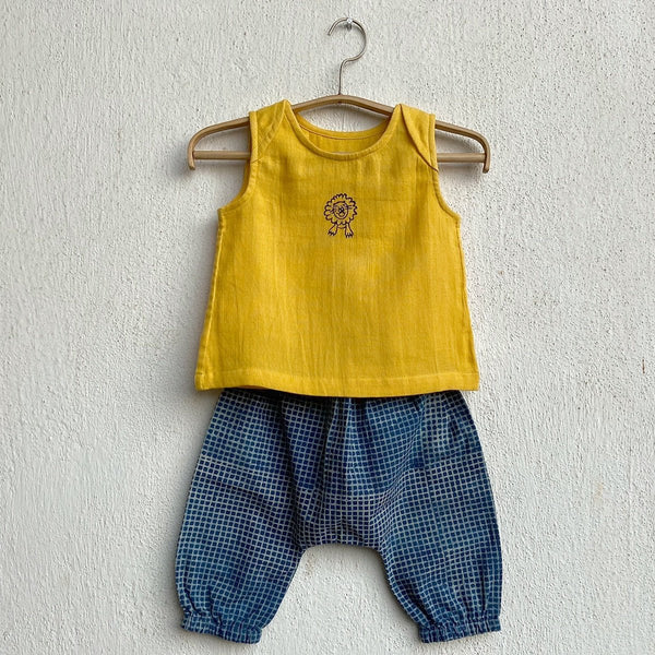 Kids Unisex Organic Cotton Zoo Yellow Jhabla with Indigo Pants | Verified Sustainable Kids Daywear Sets on Brown Living™