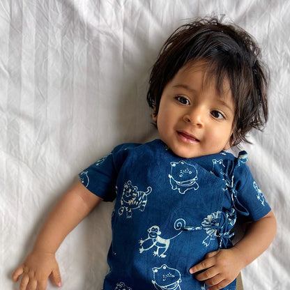 Kids Unisex Organic Newborn Jabla– Indigo Zoo + White Ajrakh – Kids Daywear Sets on Brown Living™. SKU: ZOOWHT-COMBOANG-NB. Img 3.